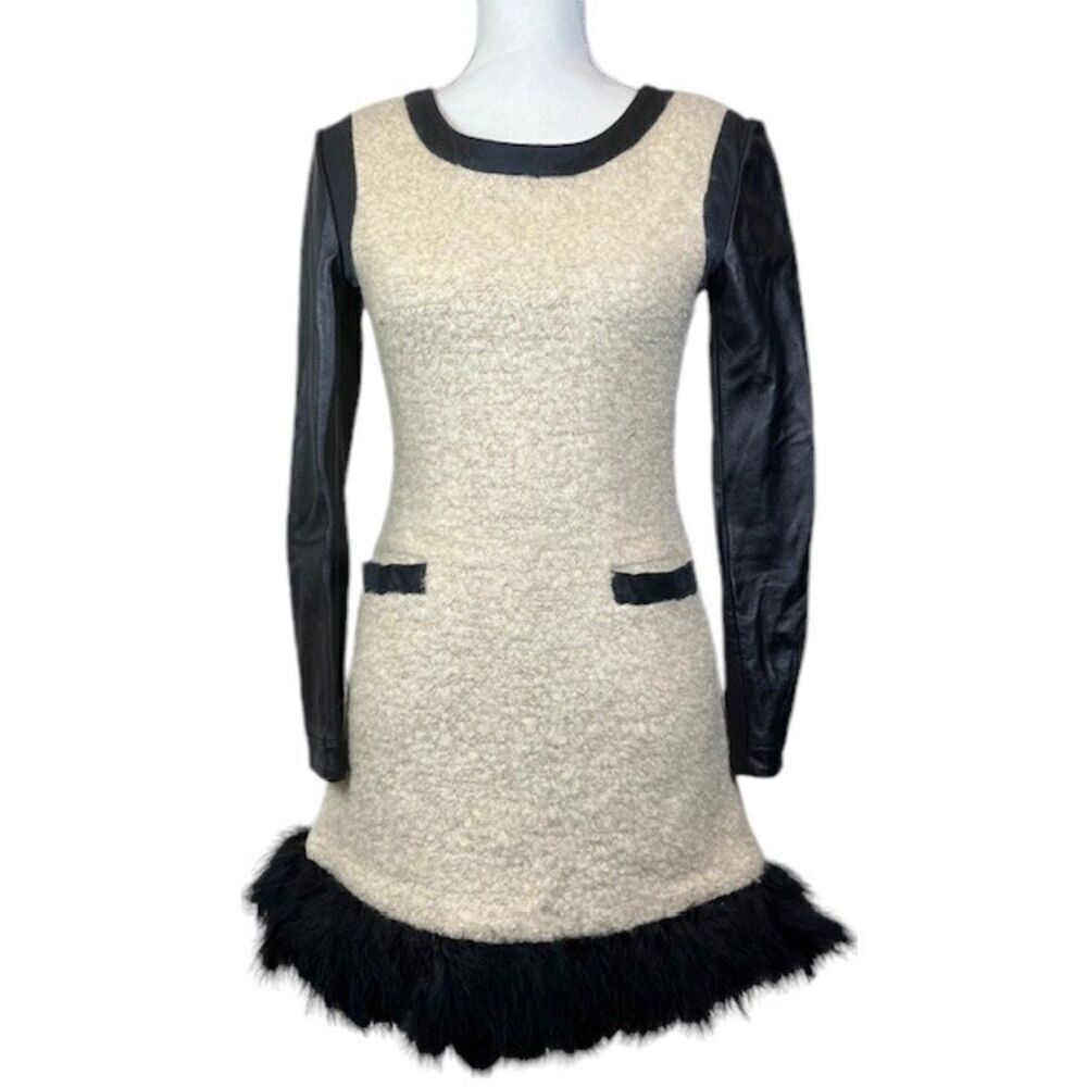 Mixed Material Mini Dress Ghloe Faux Leather, Wool, and Feathers Zip Back Size 4
